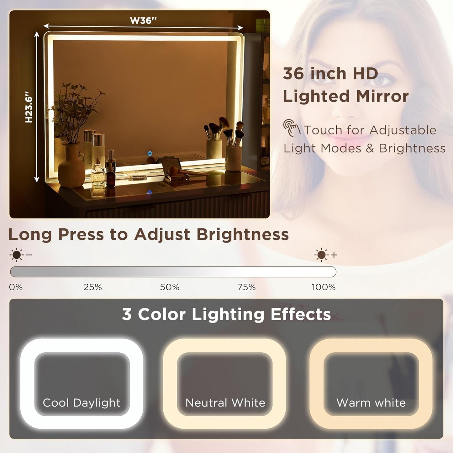 48 Inch Fluted Vanity Desk With Illuminated LED Mirror