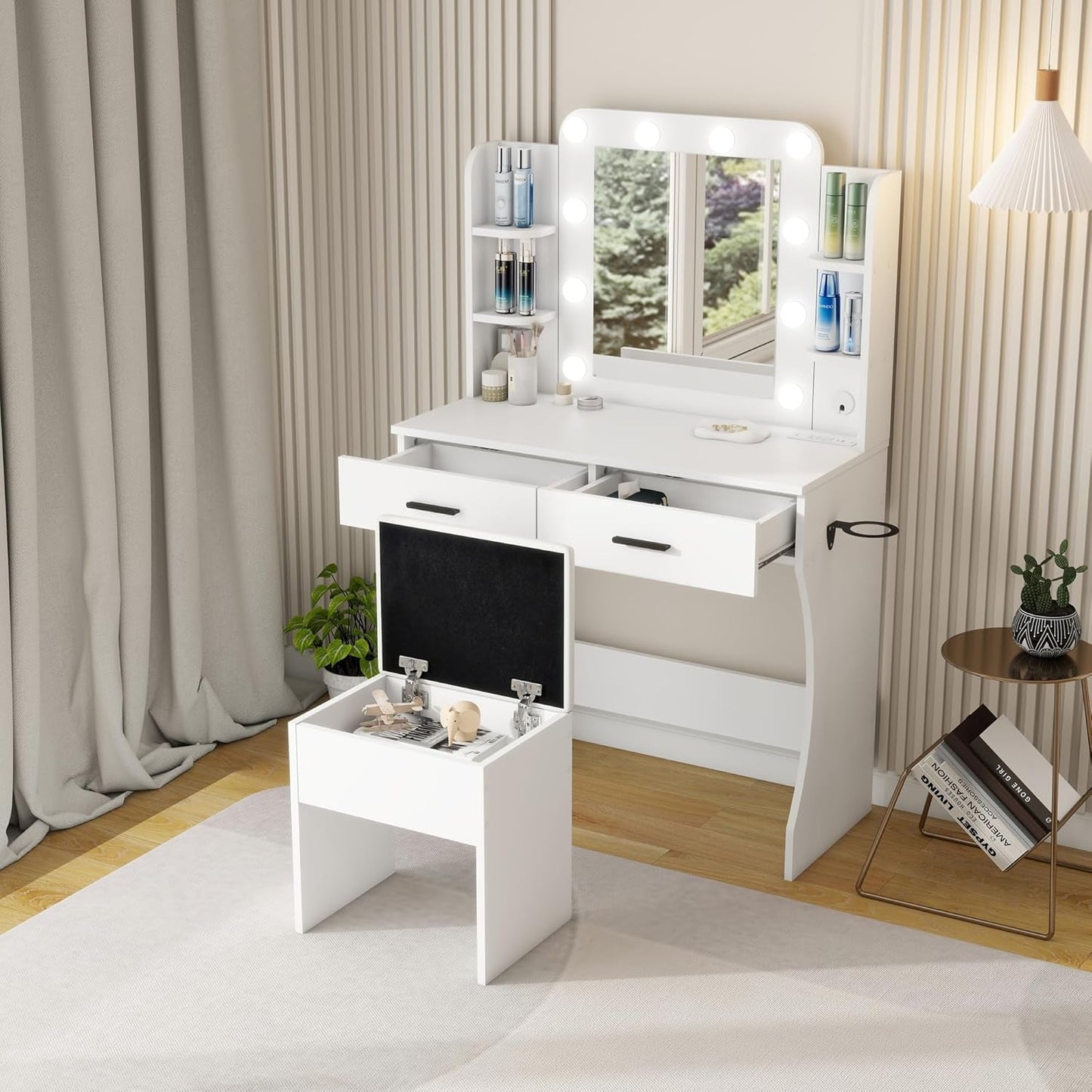 Porcelain White Vanity Desk With Mirror LED Lighting