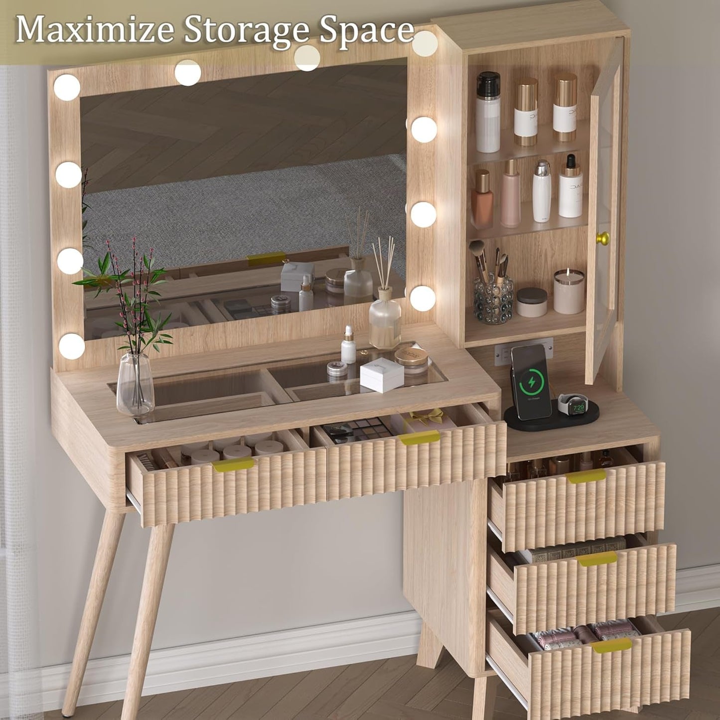 45 Inches Ornately Fluted Glass Top Makeup Vanity Desk LED