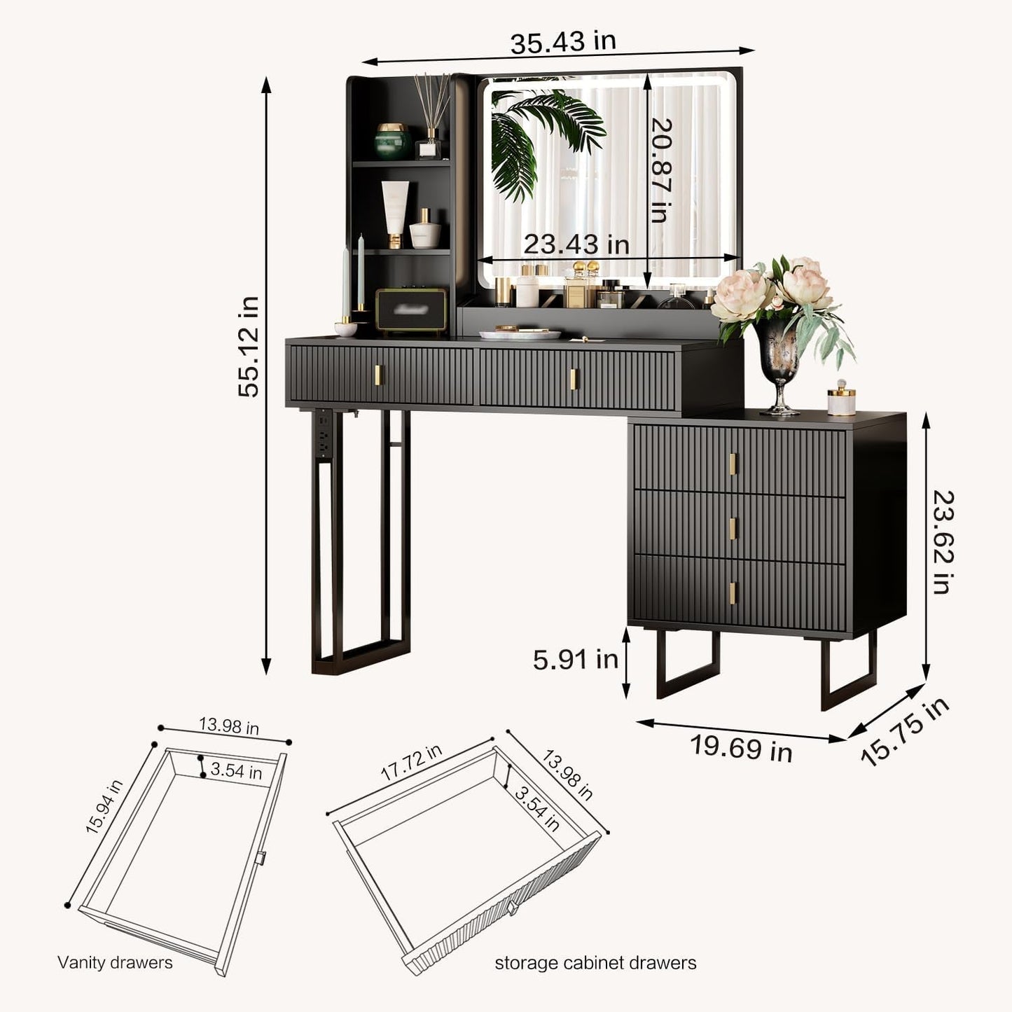Vanity Desk With Dimmable Illuminated Mirror Black