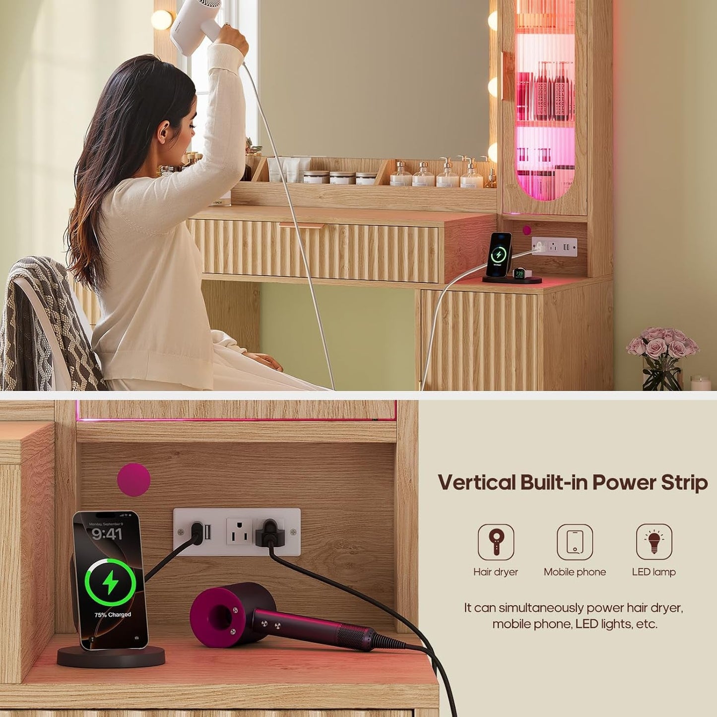 Oak Vanity Desk With 31.5 Inch Mirror Storage Cabinet