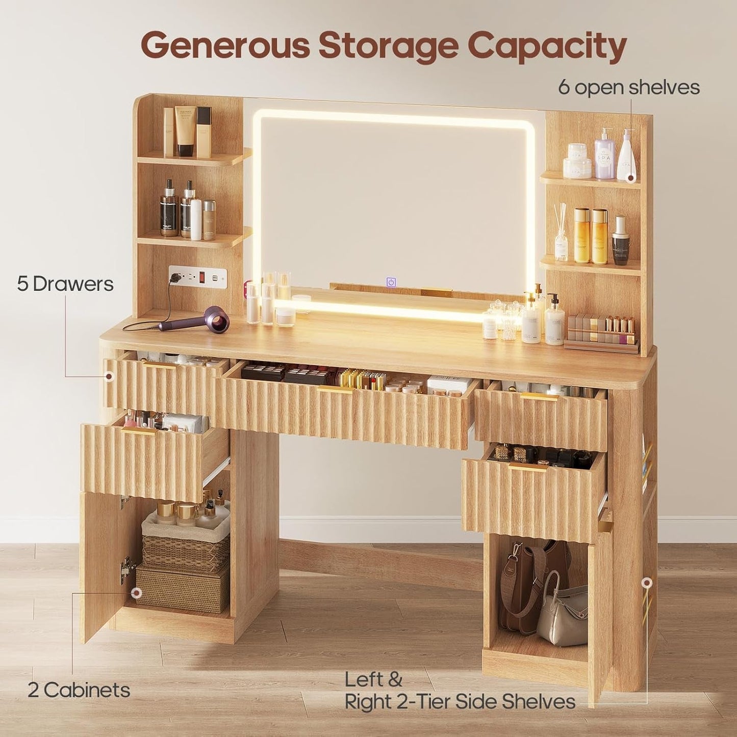 51 Inch Wide Fluted SolidWood Vanity Desk LED Mirror