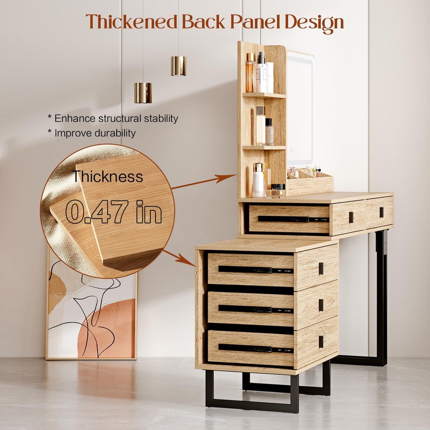 Customizable Vanity Desk With Dimmable Mirror Oak Finish