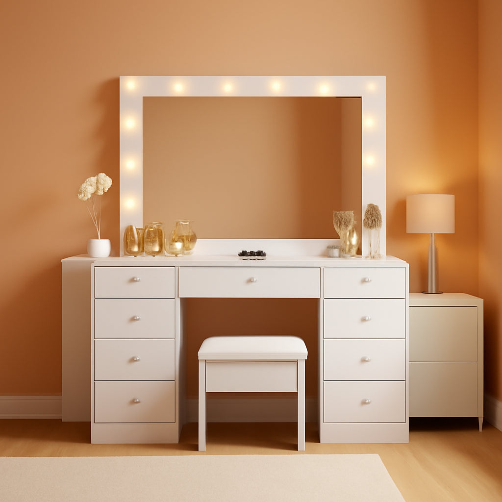 Illuminated Vanity Desk With Integrated Power Outlet