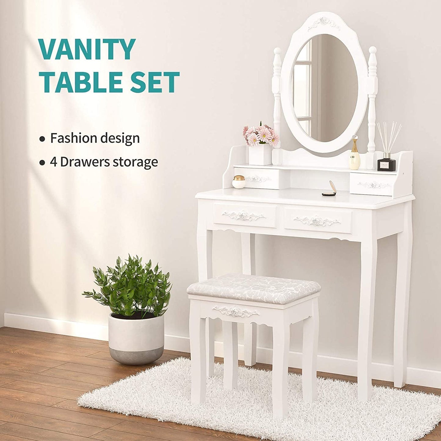 White Vanity Table Set With 360 Degree Rotating Mirror