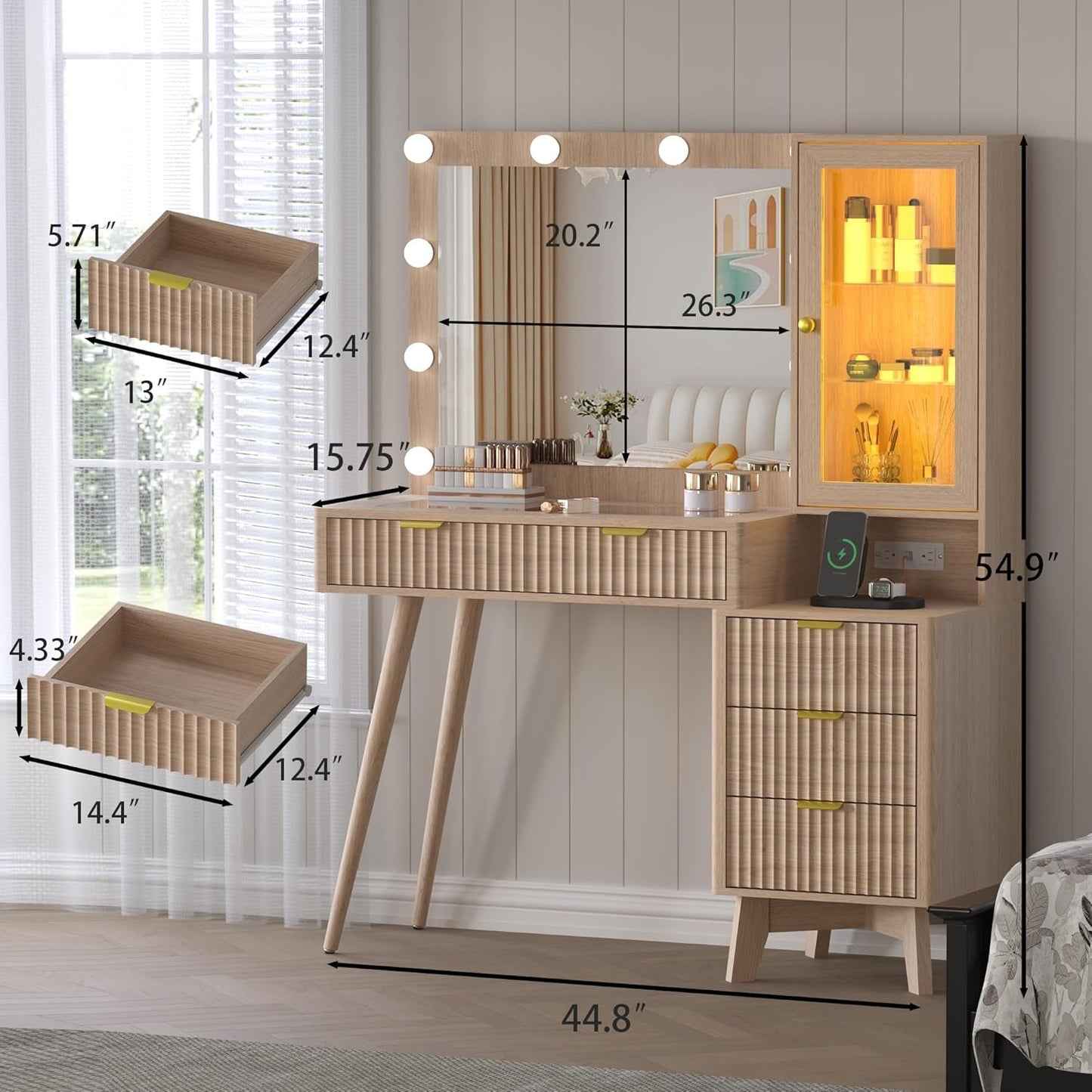 45 Inches Ornately Fluted Glass Top Makeup Vanity Desk LED