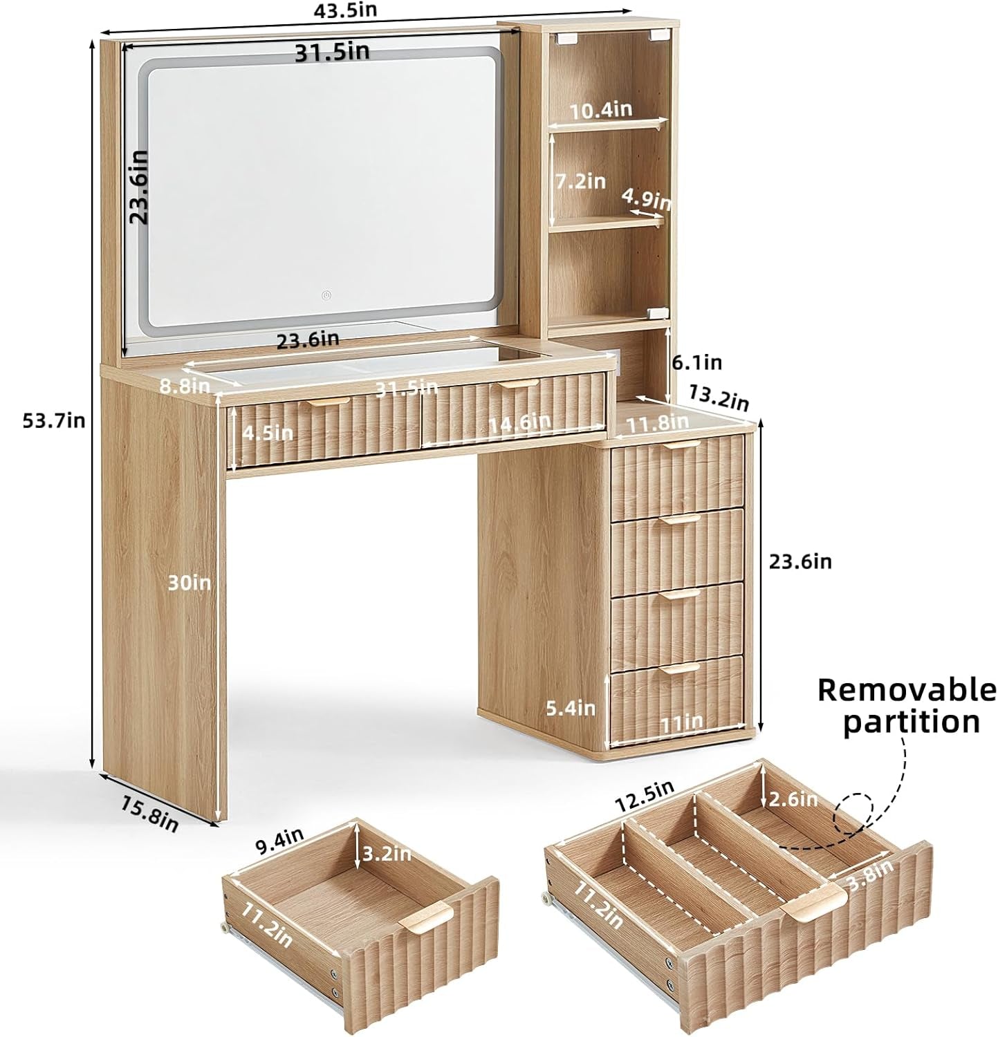 Fluted Makeup Vanity 43.5 Inch With Generous Mirror