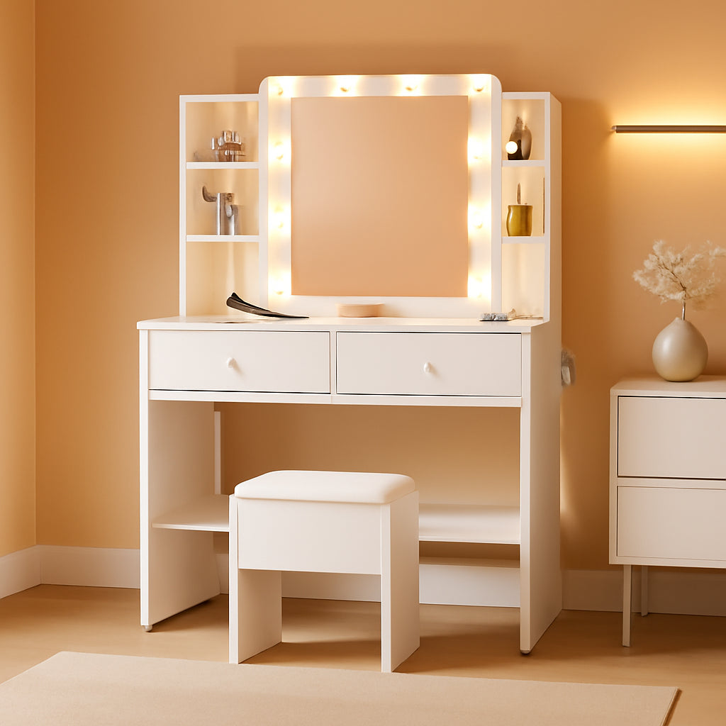 White Vanity Table With Illuminated Mirror Drawers