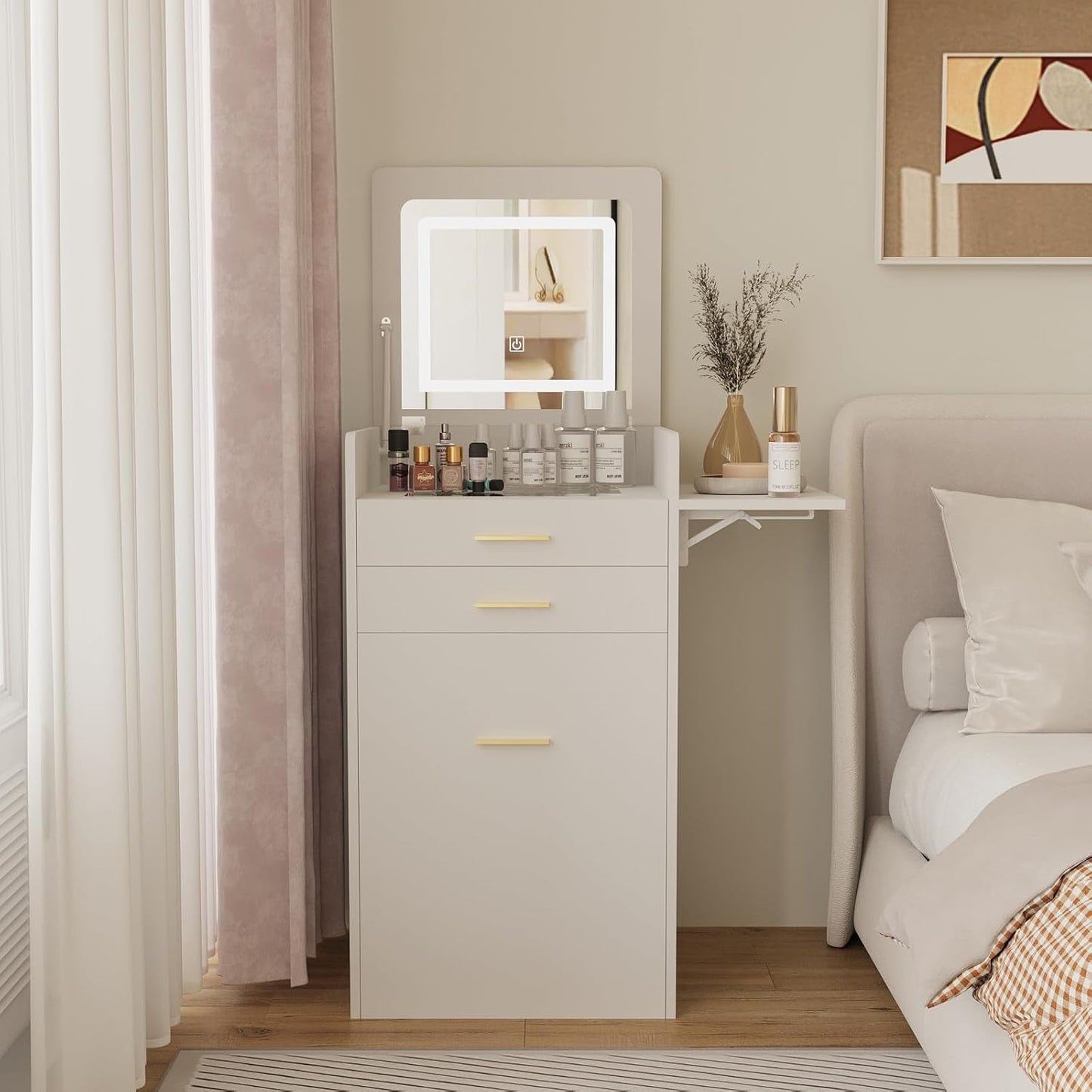 Crisp White Compact Vanity Desk Illuminated Mirror