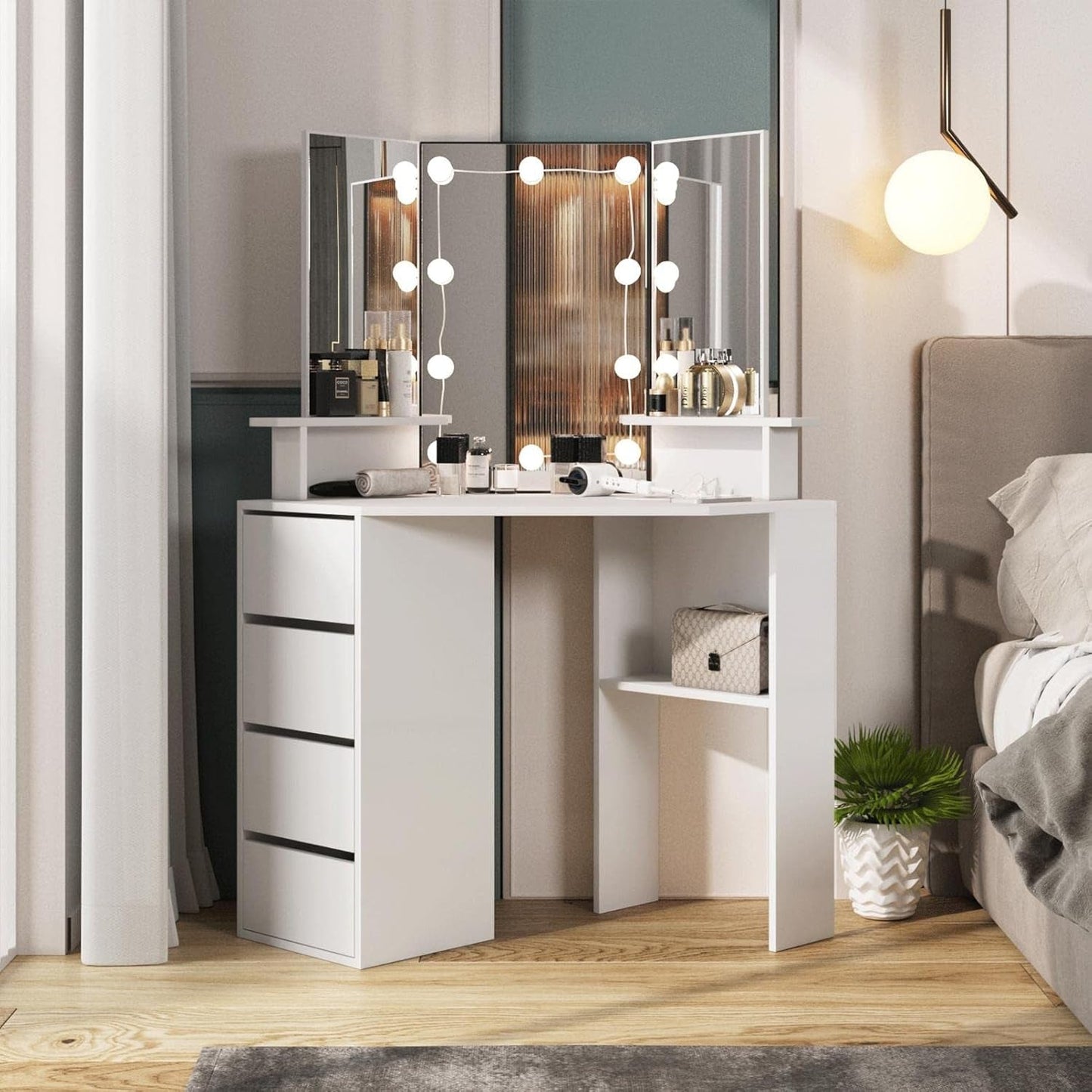 White Corner Vanity Desk 42 Inch Illuminated Mirror