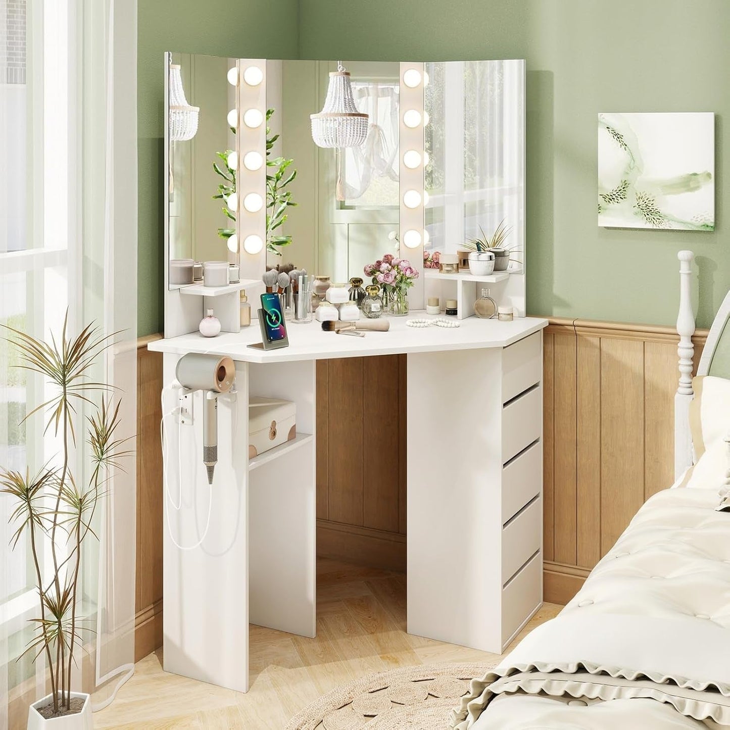 White Corner Vanity Desk With Illuminated Five Drawer