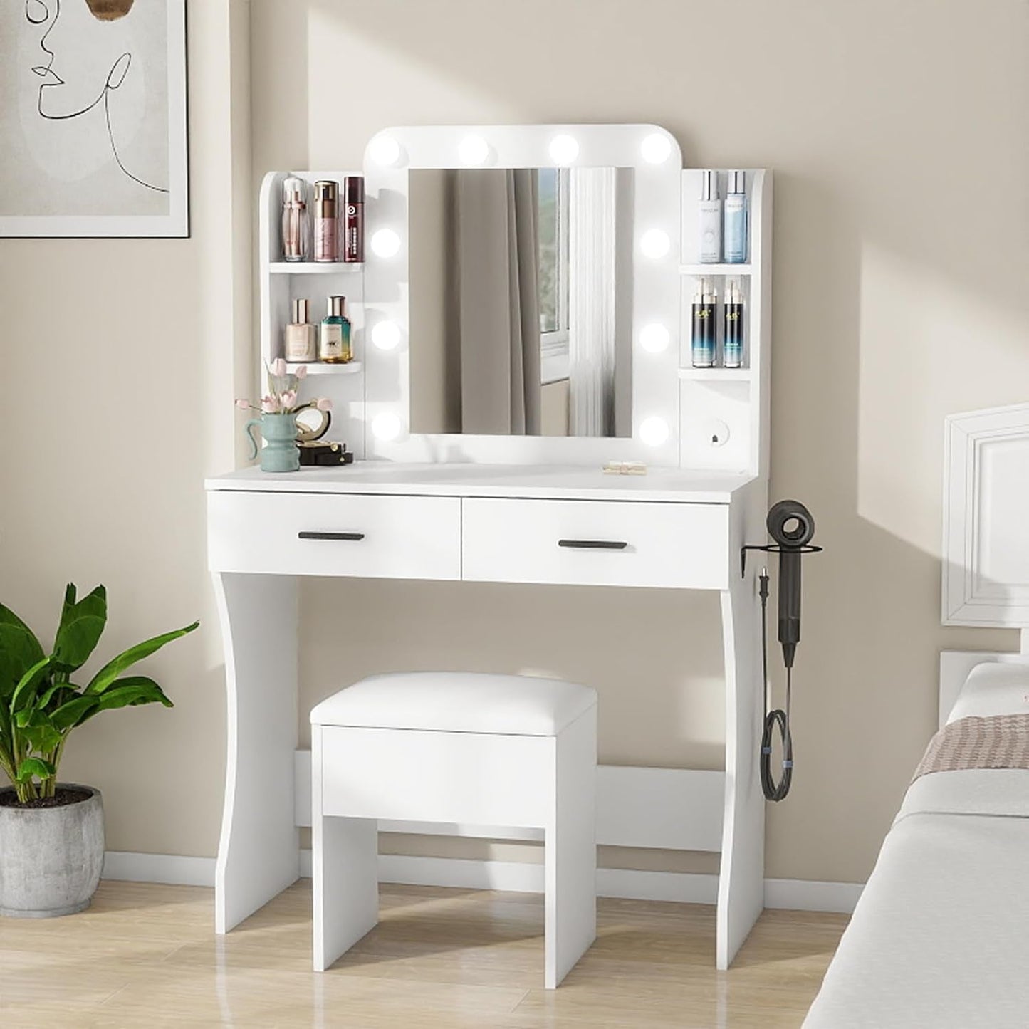Porcelain White Vanity Desk With Mirror LED Lighting