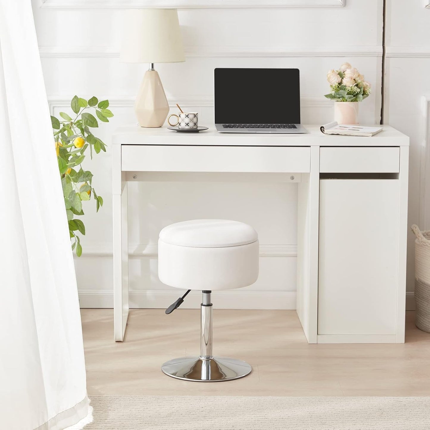 White Adjustable Vanity Stool With Storage Leatherette