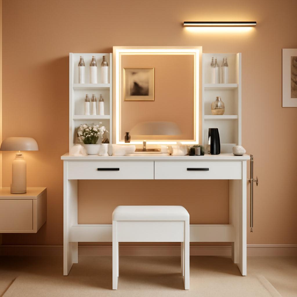 Elegant White Vanity Desk With 42 Inch Wide Mirror Light LED