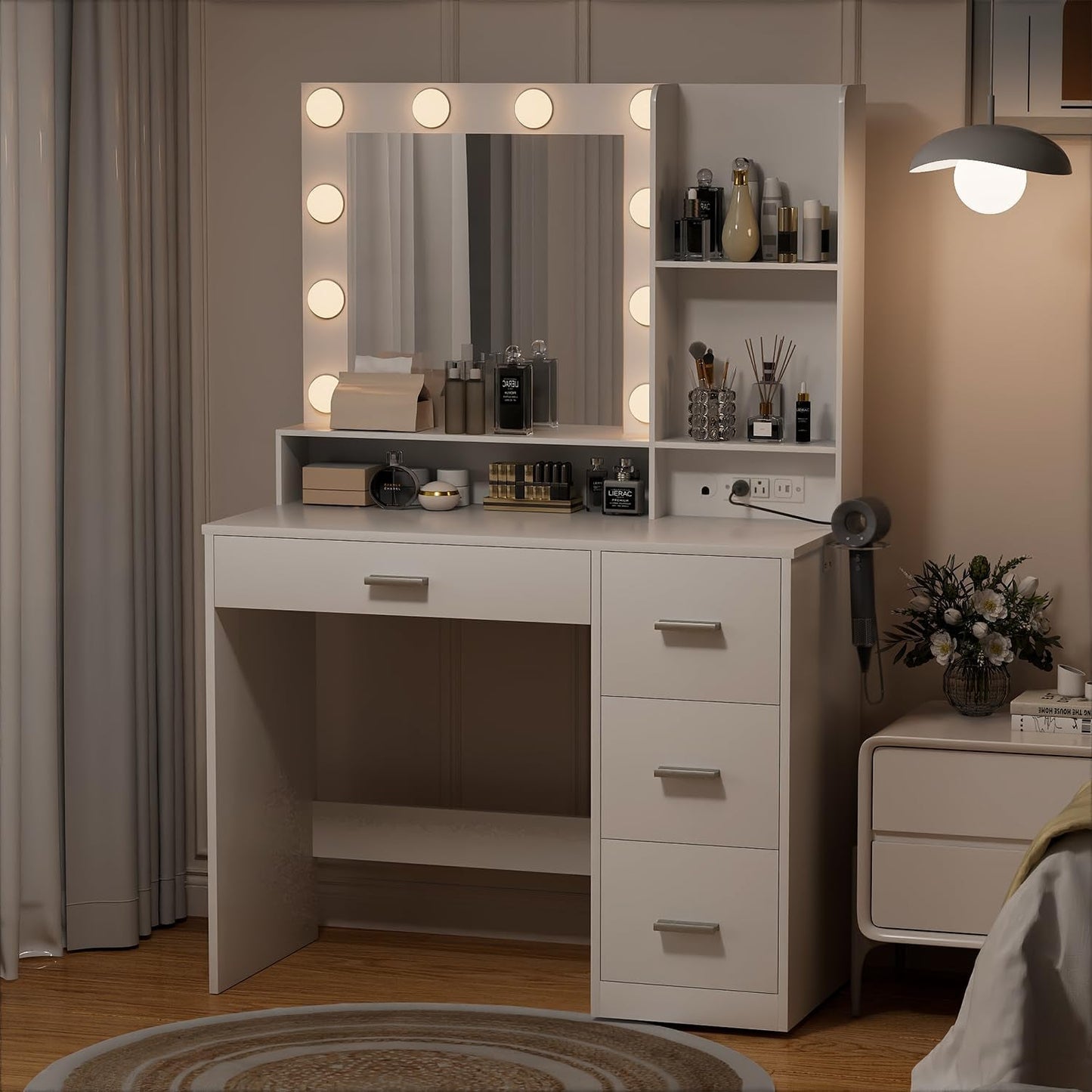 Vanity Desk With Mirror And Power Outlet White Drawers