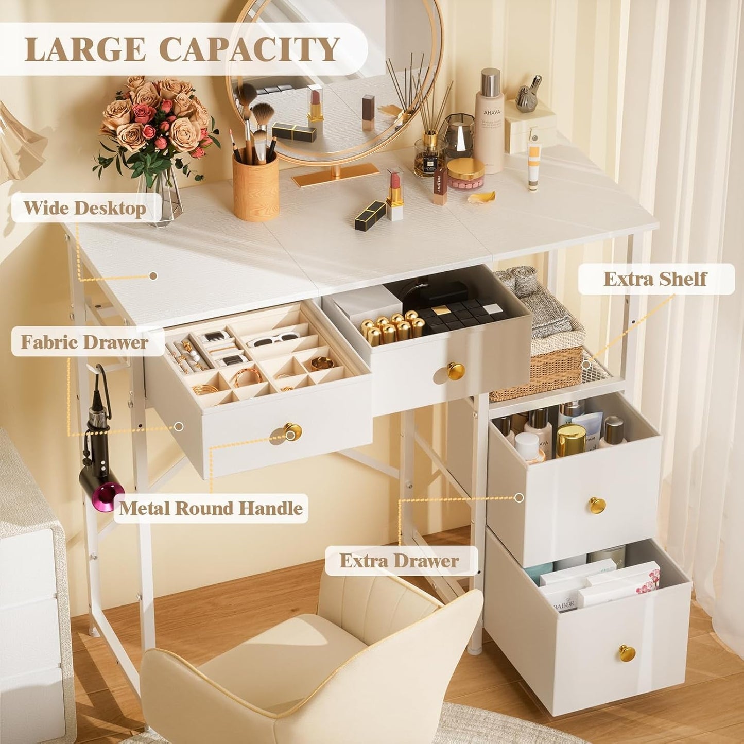 White Vanity Desk With Premium Fabric Drawers Storage
