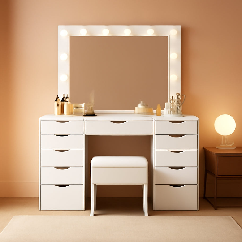 White Vanity Desk With Illuminated Mirror Lighting