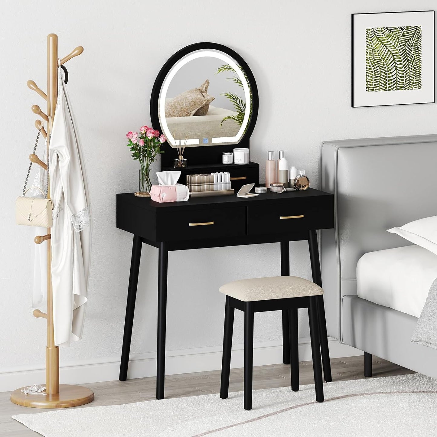 Matte Charcoal Vanity Desk With Dimmable LED Mirror