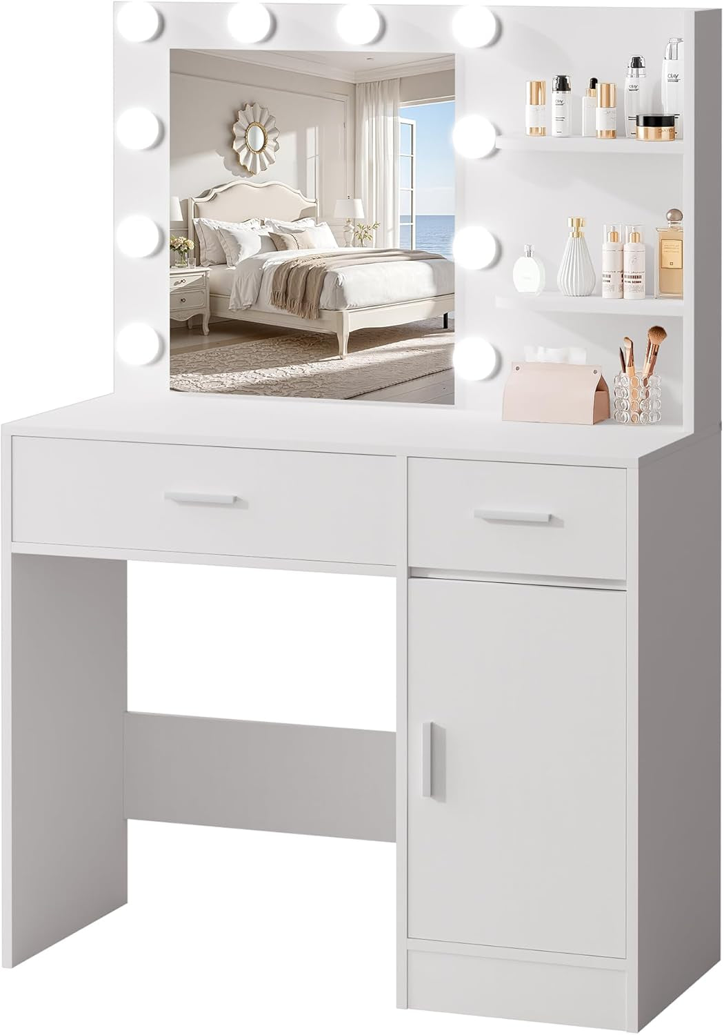 Luxurious White Vanity Desk Featuring Dimmable Mirror