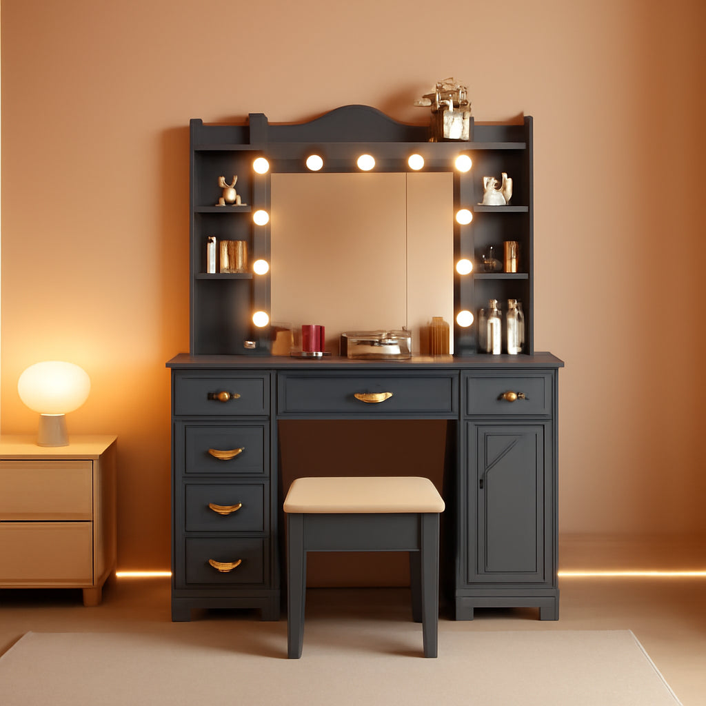Grey Makeup Vanity Desk With Multifunctional Storage