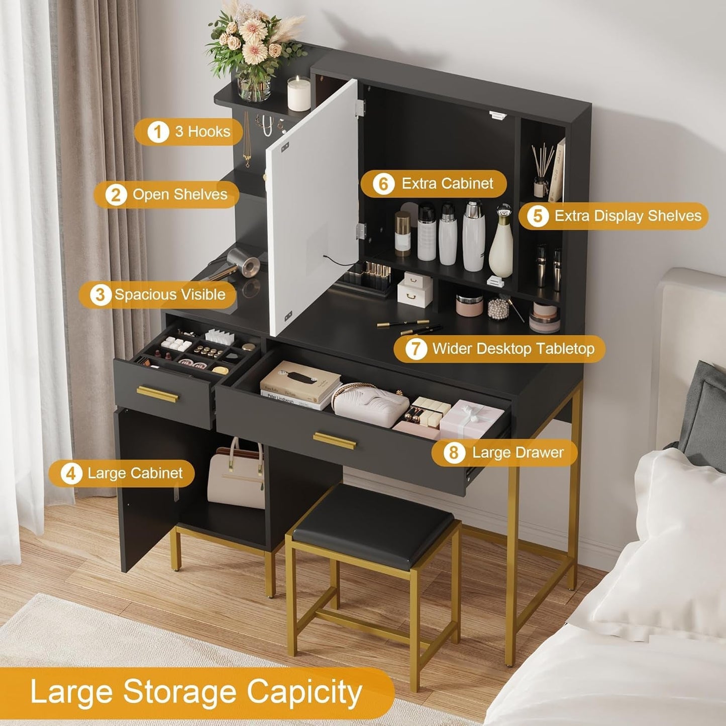 Black Vanity Desk With Mult iCompartment Mirror Lights
