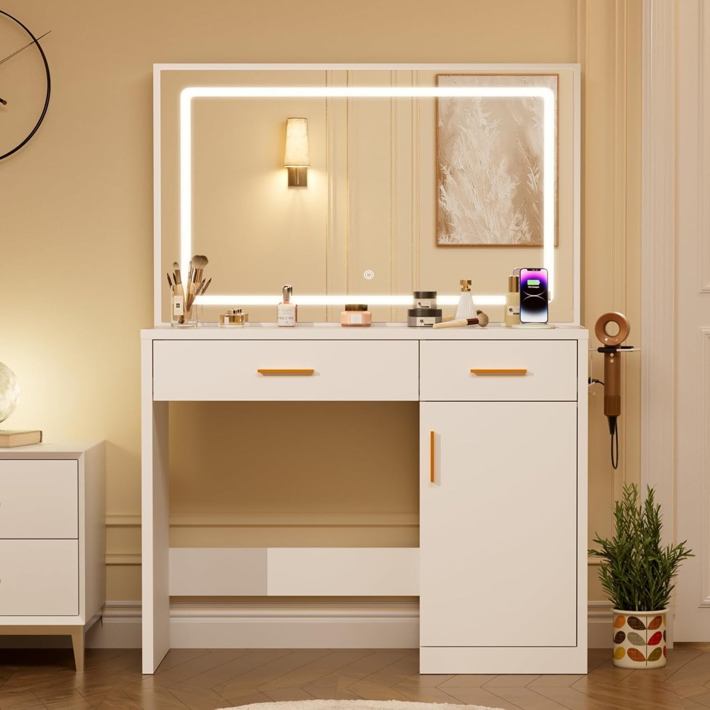 Vanity Desk With 35 Inch LED Backlit Reflection Mirror