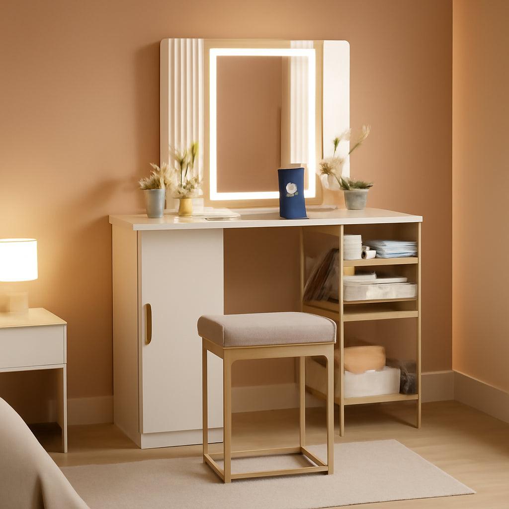 Corner Vanity Desk With Lighted Tri Fold Mirror And Storage White Gold