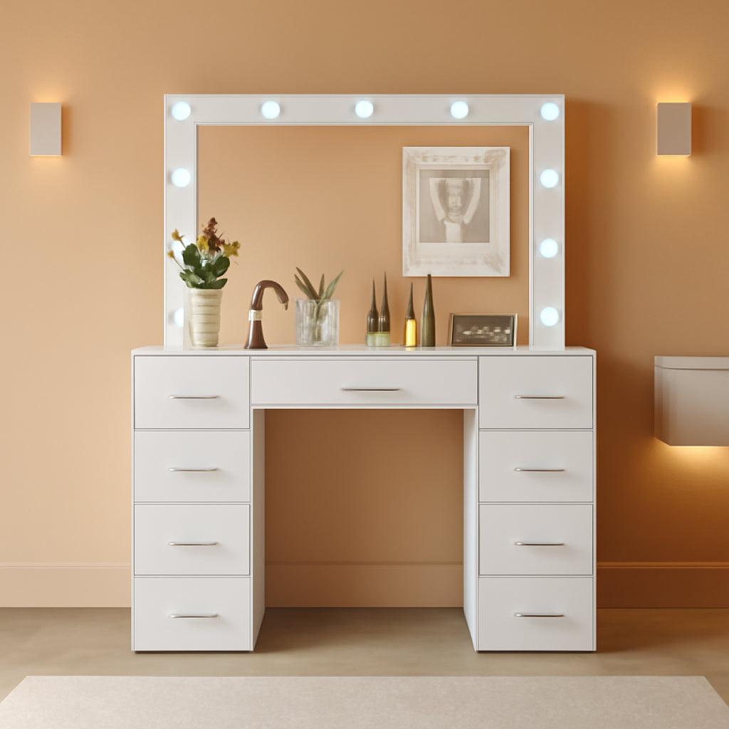 White Vanity Table With Illuminated Mirror Drawers