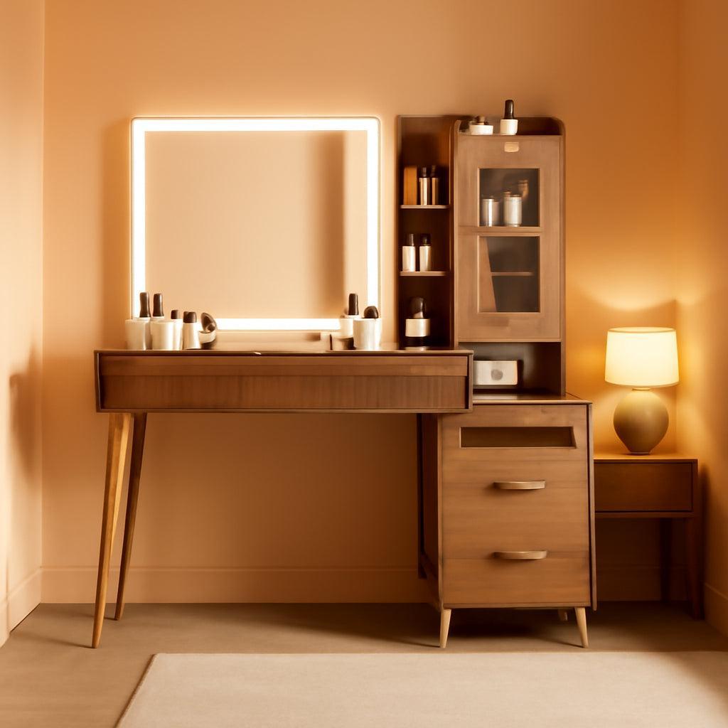 Brown Vanity Desk With Premium LED Illuminated Mirror
