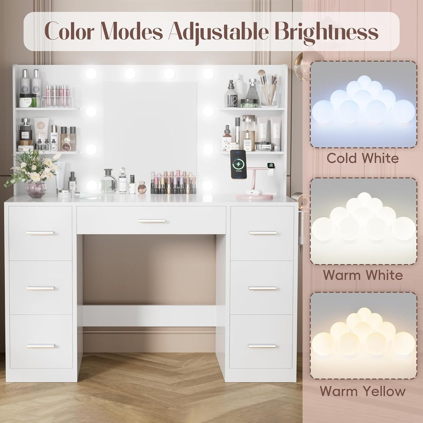 Luxurious White Vanity Desk With Illuminated Mirror