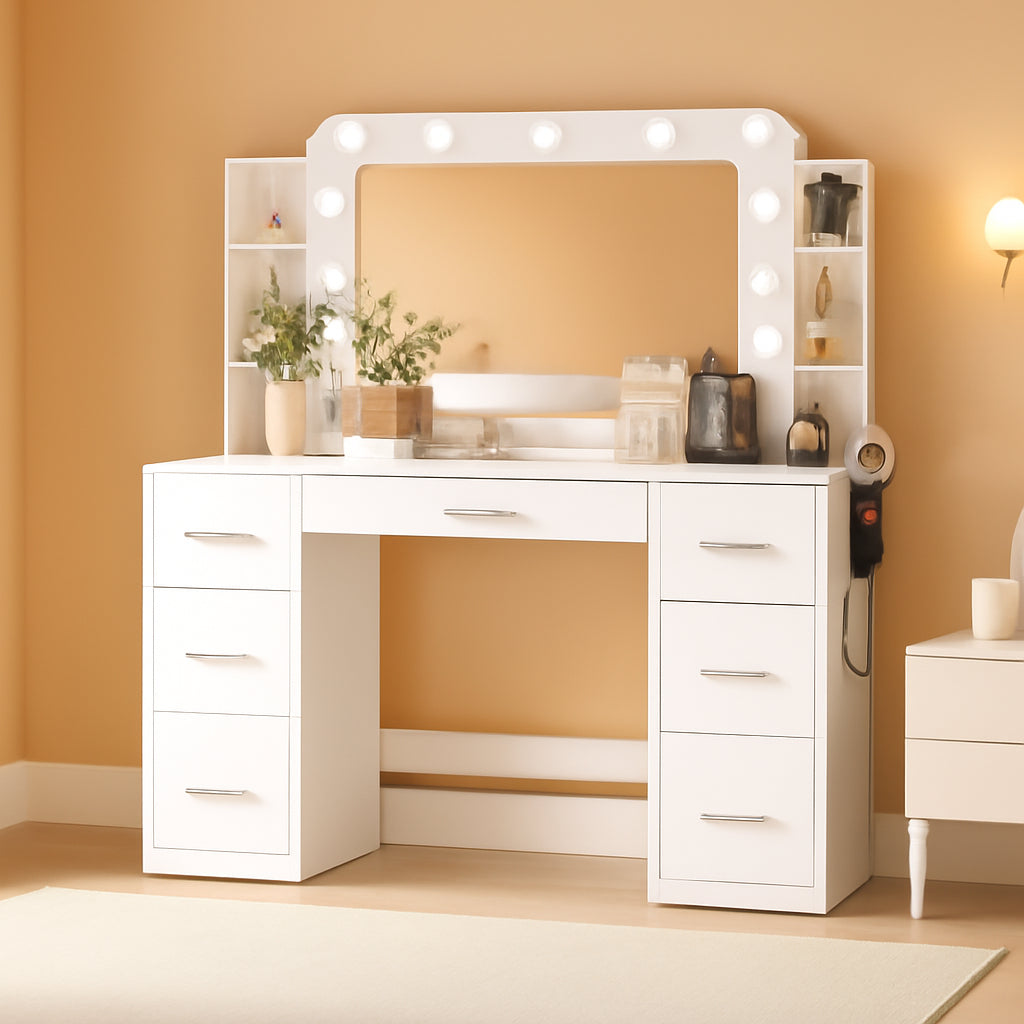 Makeup Vanity Desk White Illuminated Mirror Shelves