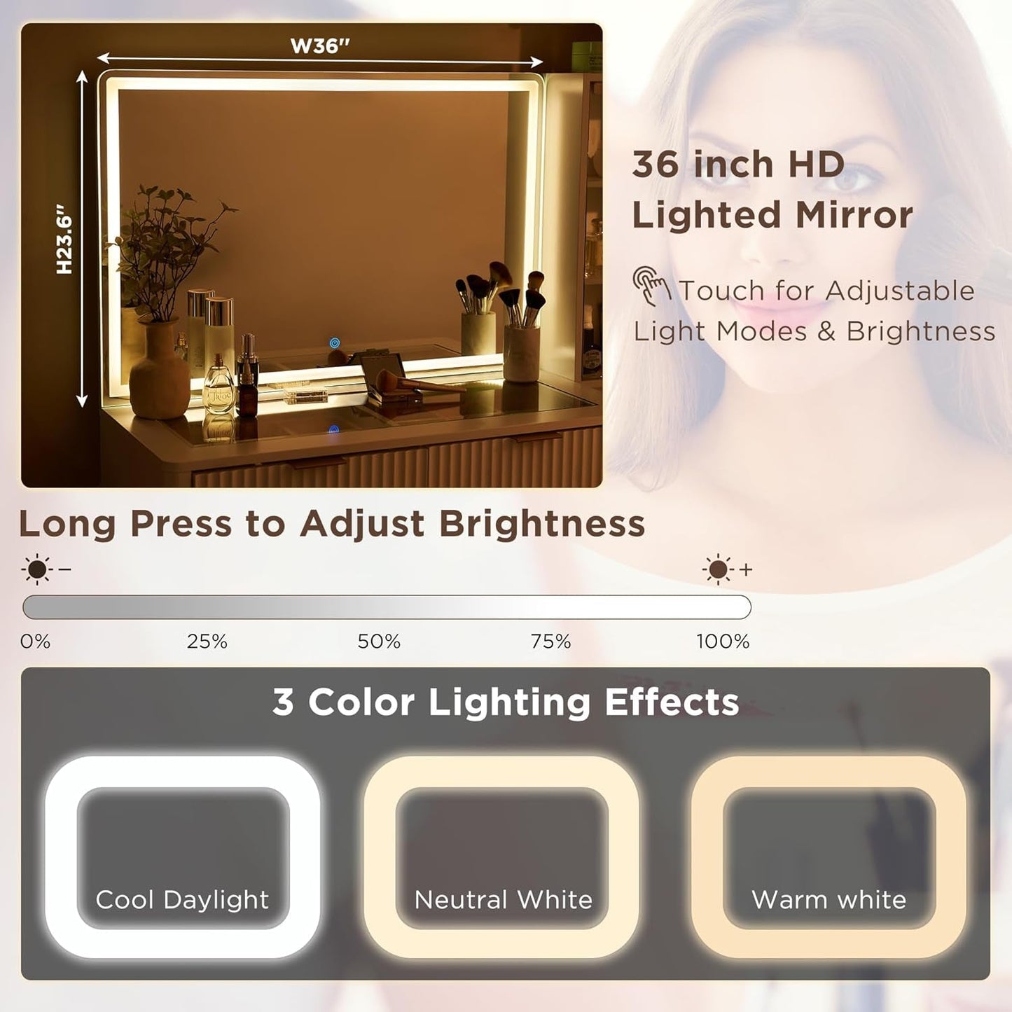 White Forty Eight nch Vanity Desk With LED Illuminated Mirror