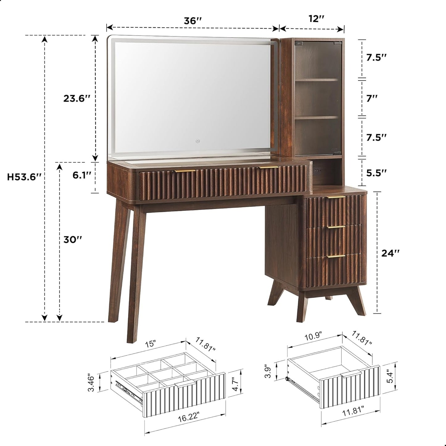 48 Inch Fluted Vanity Desk With Illuminated LED Mirror