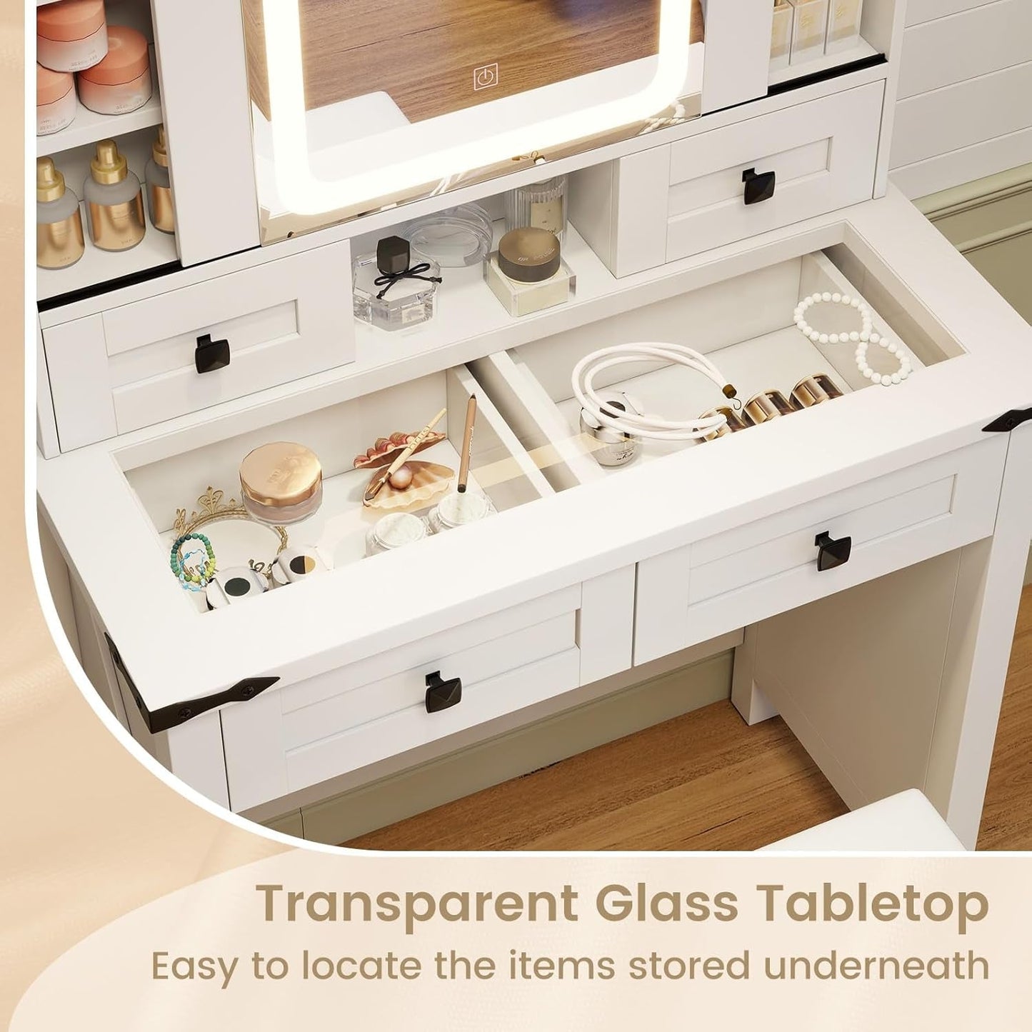 White Vanity Desk With Sliding Mirror Illumination