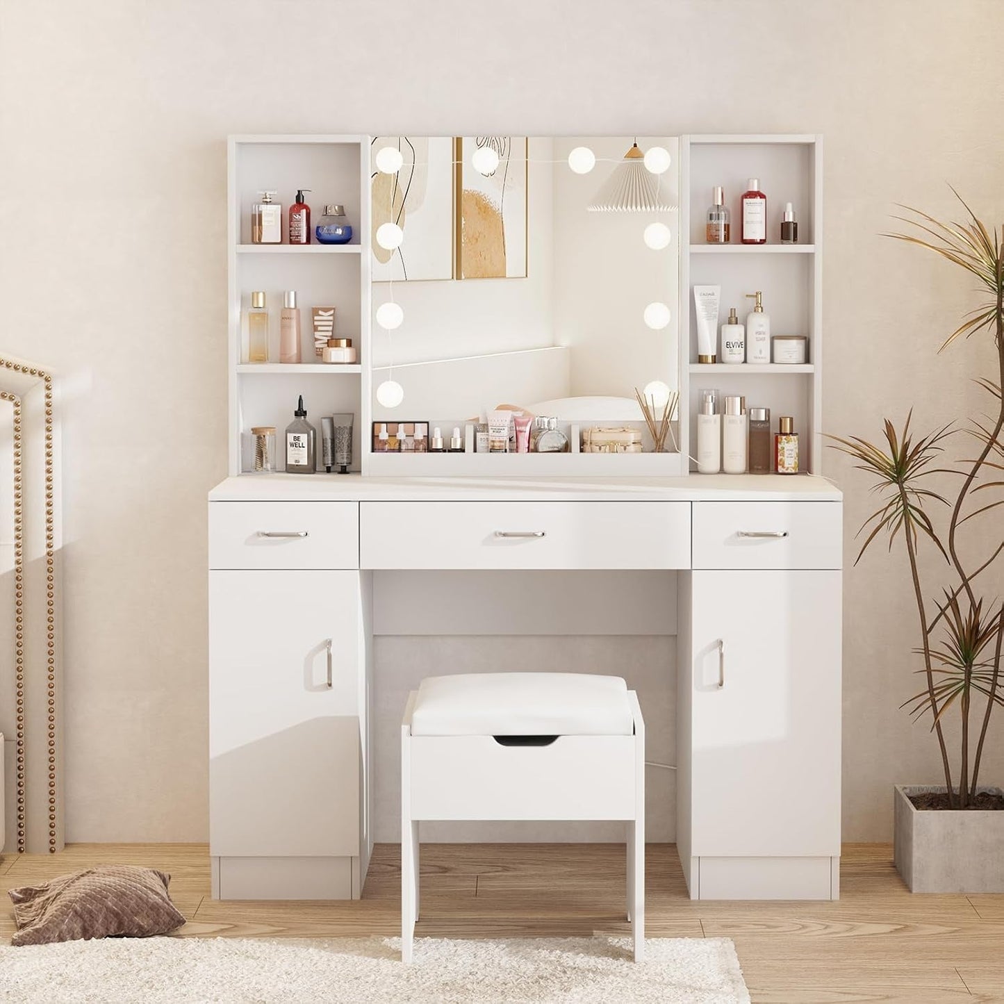 Ivory Vanity Desk With Illuminating Mirrored 45 Inch