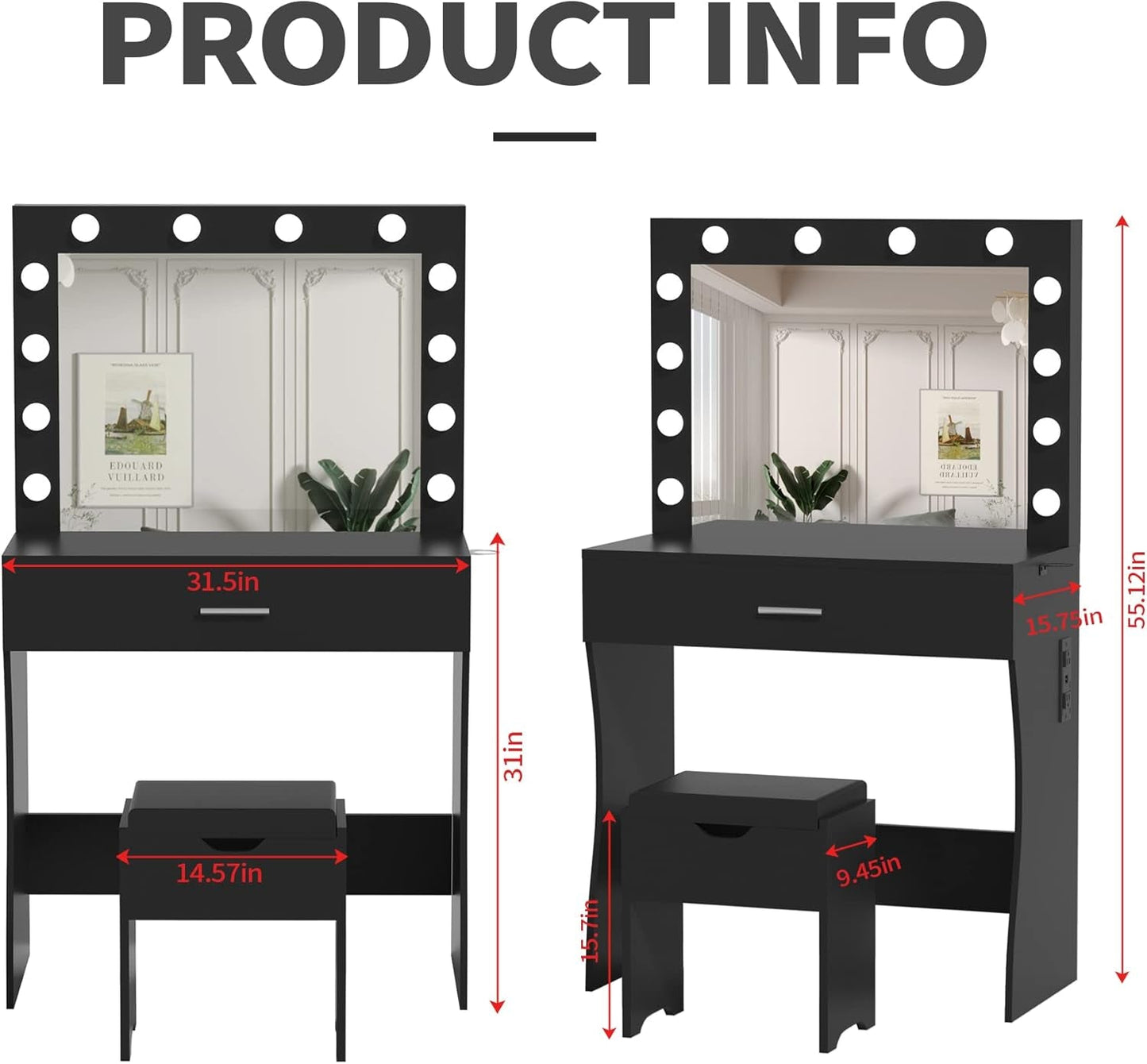 Black Illuminated Makeup Vanity Table With Lighting