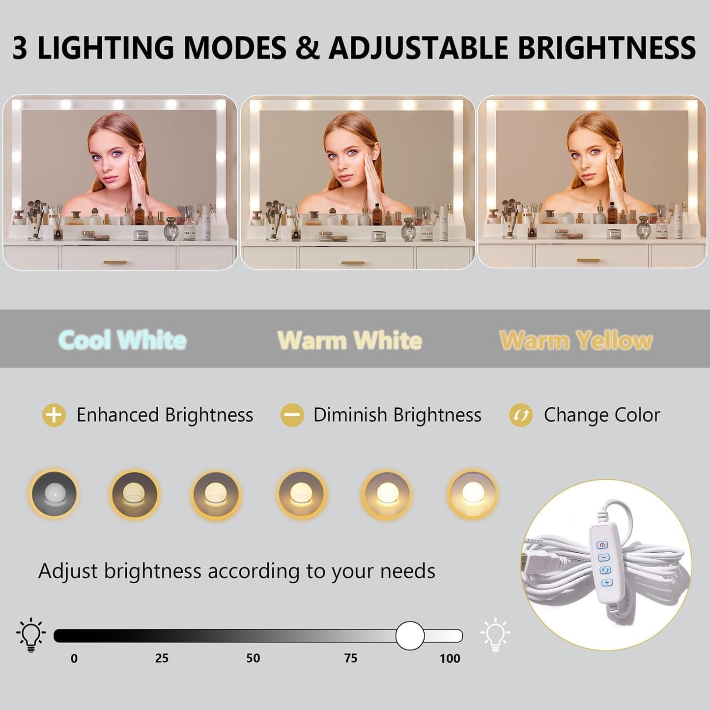 44 Inch White Glossy Vanity Desk Illuminated Mirror
