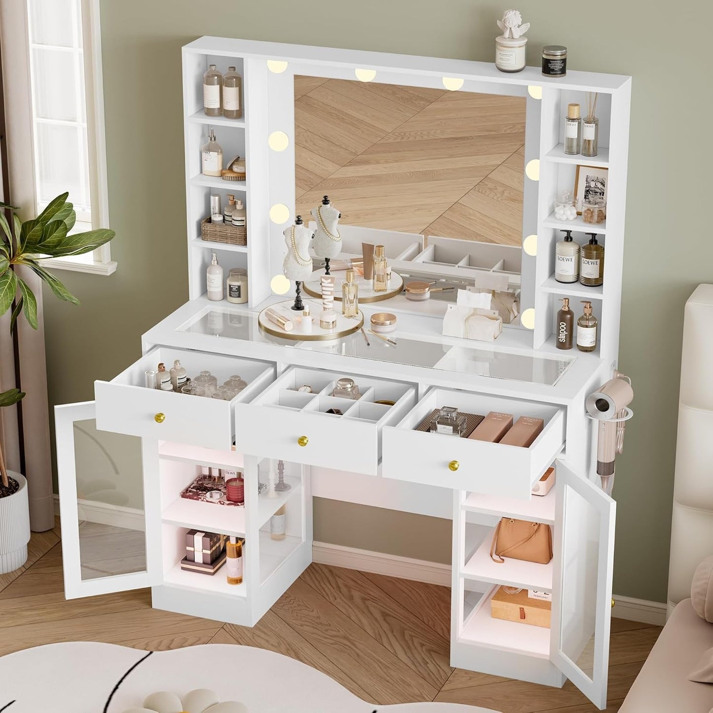 White LED Lighted Makeup Vanity Desk with Drawers