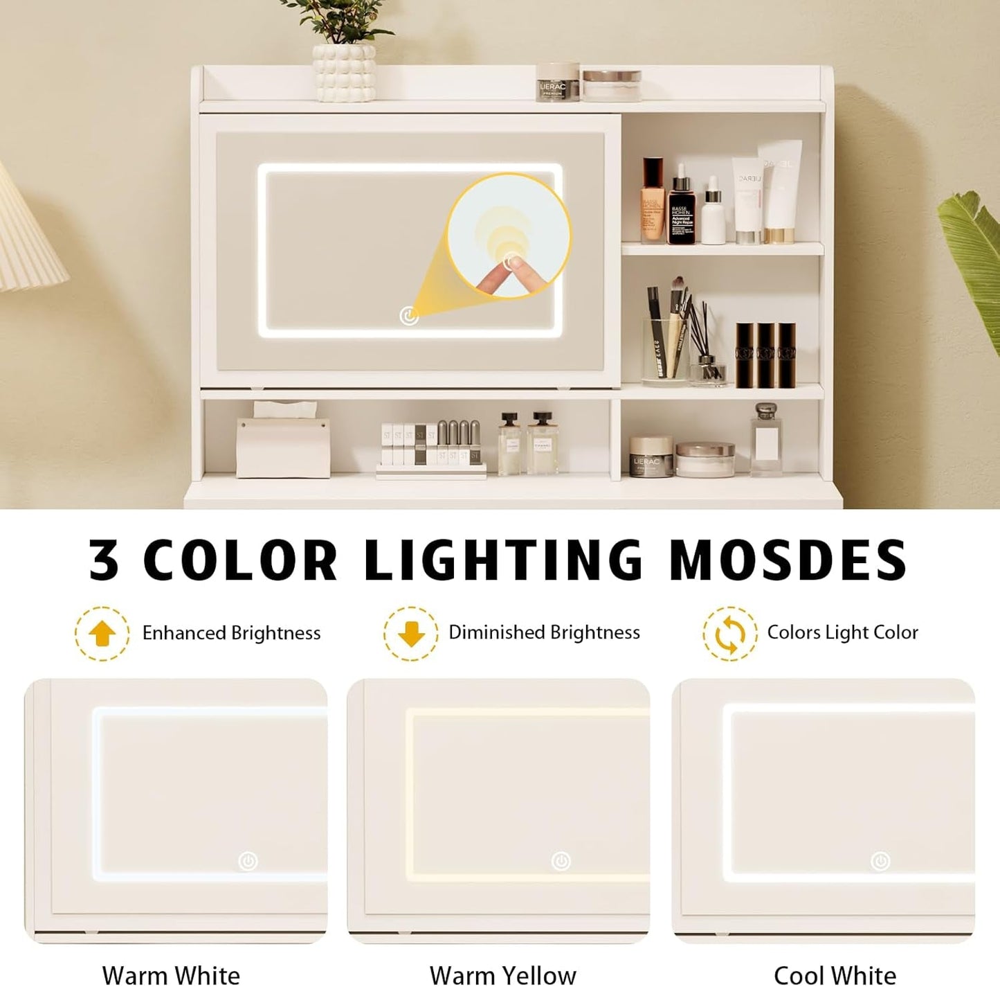 White Vanity Desk With Illuminated Mirror Lighting