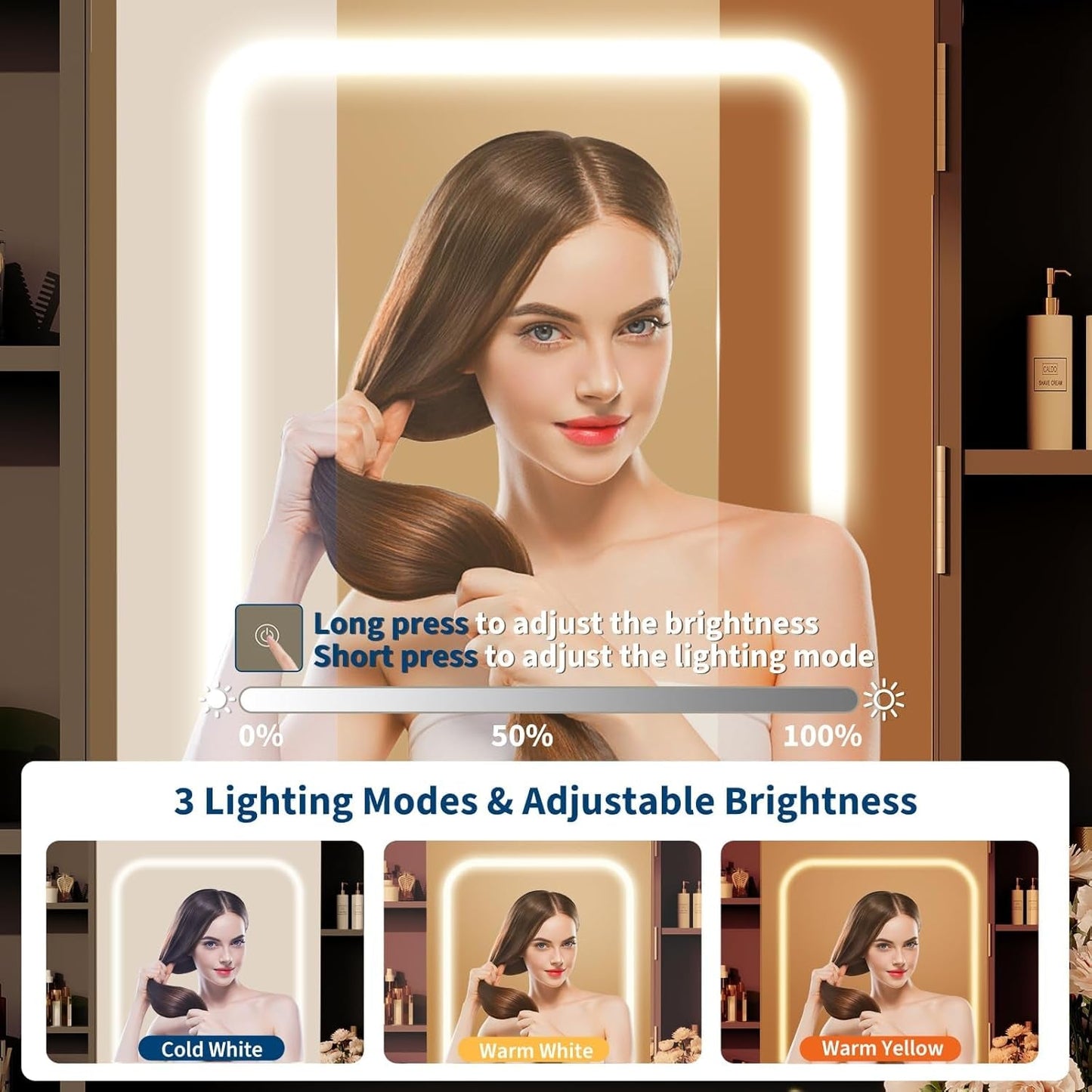Vanity Desk With 90cm Mirror Three Color LED Lights USB Charging Ports