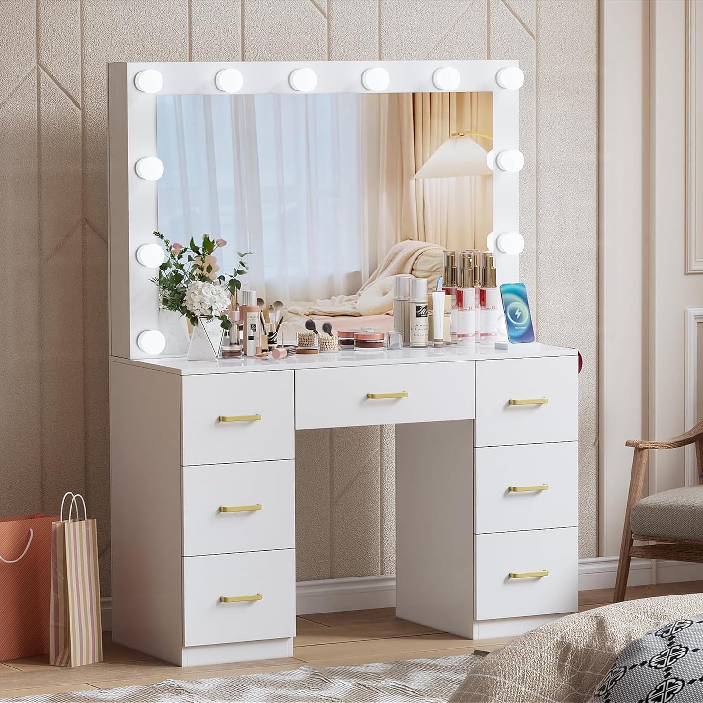 White Vanity Desk With Illuminated Mirror Adjustable