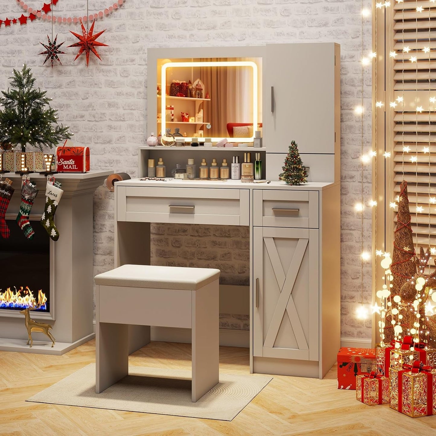 White Vanity Desk Featuring Mirror Lights 35.5 Inch