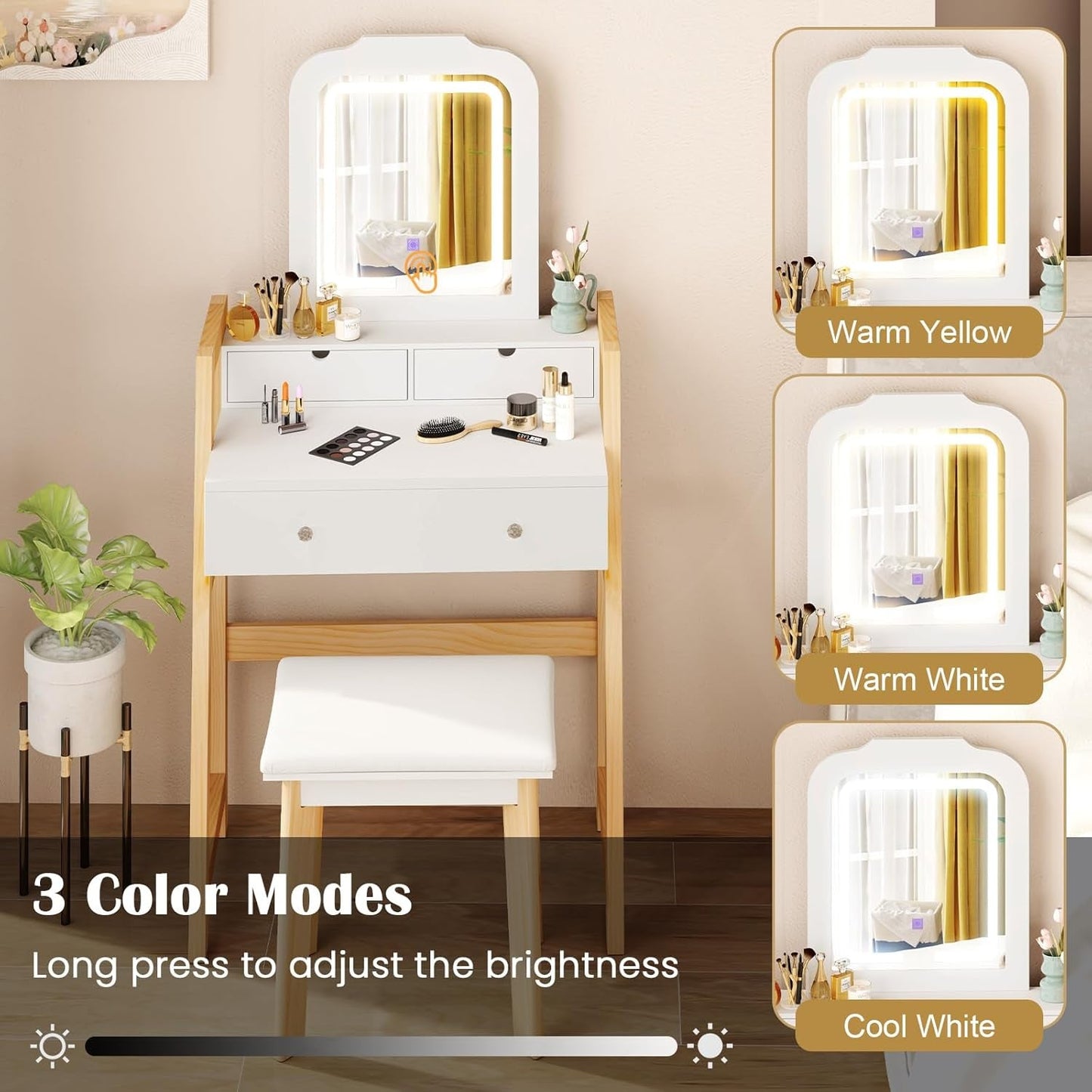 Compact White Vanity Desk With Three Color Illumination