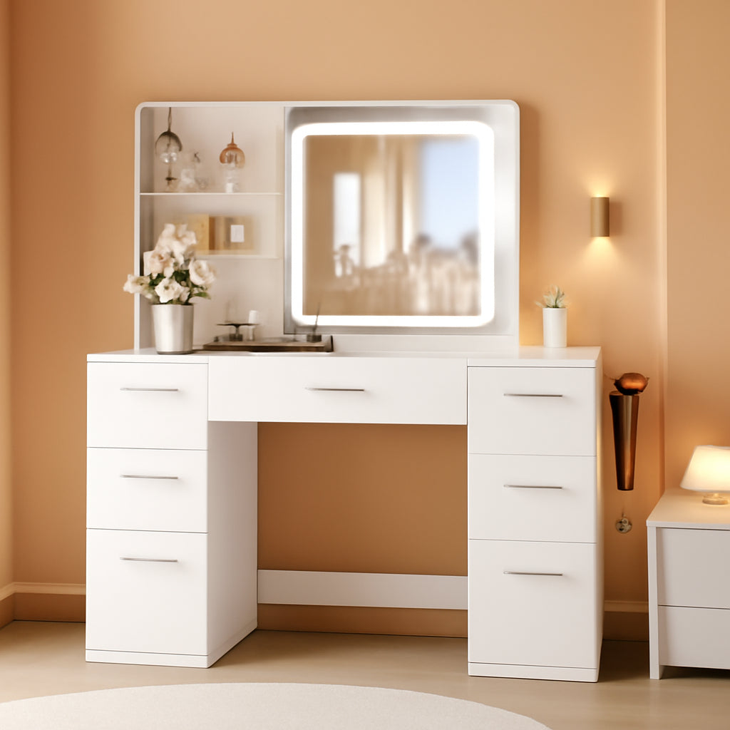 White Vanity Desk With Smart LED Mirror And Storage