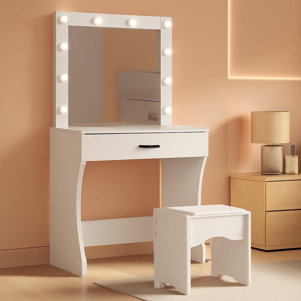 White Vanity Desk With Ultra Bright LED Mirror Storage