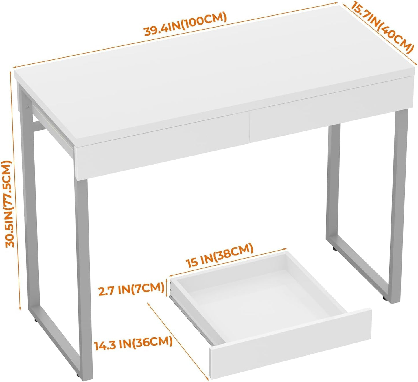 Vanity Desk 39 Inch High Gloss White Cosmetics Drawers