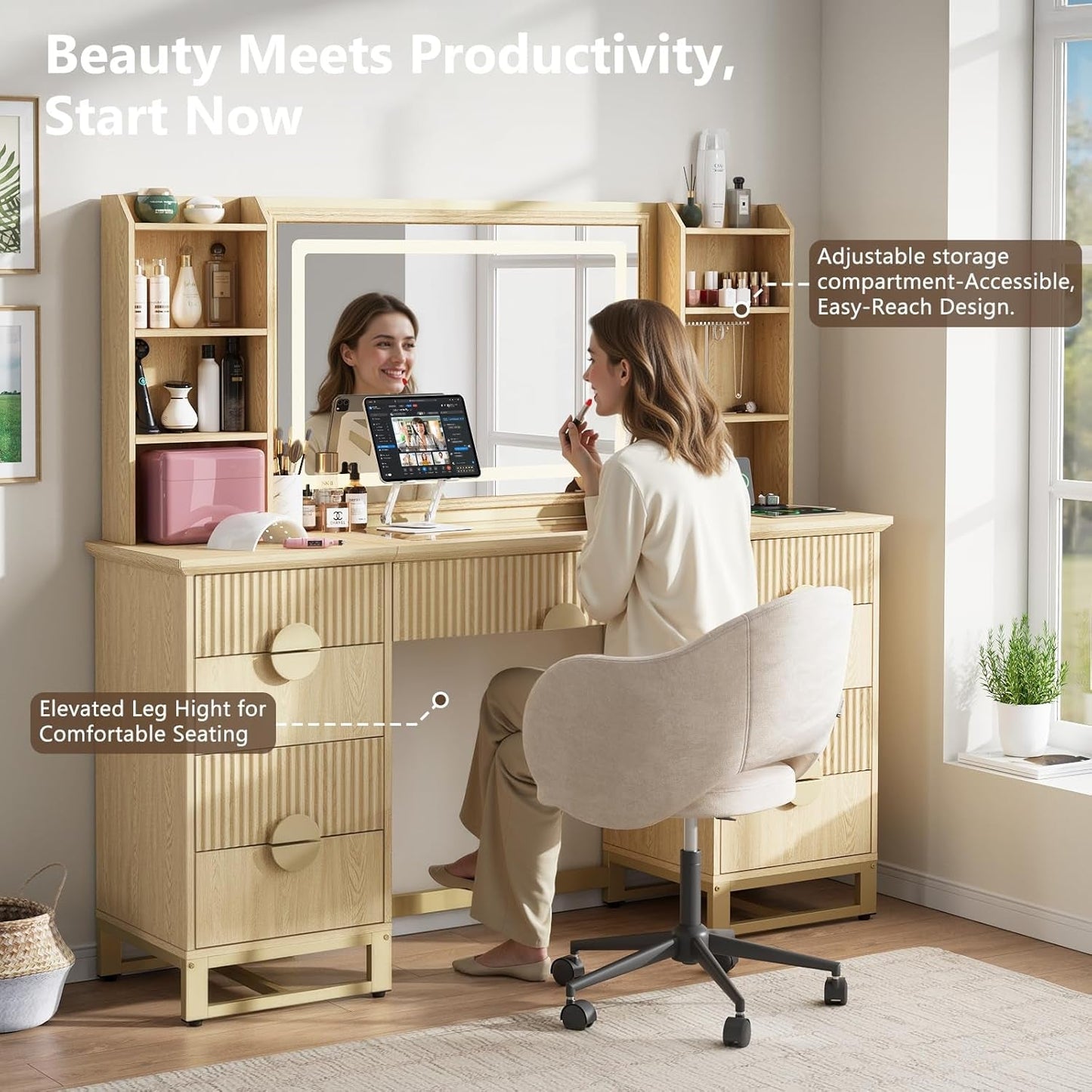 Oak Fluted Vanity Desk 60 Inch Tempered Glass Table top