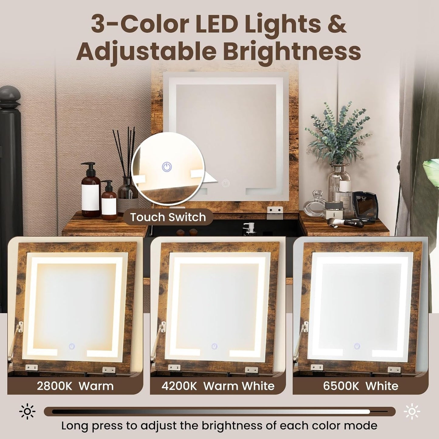Rustic Brown Vanity Desk With Customizable Lighting