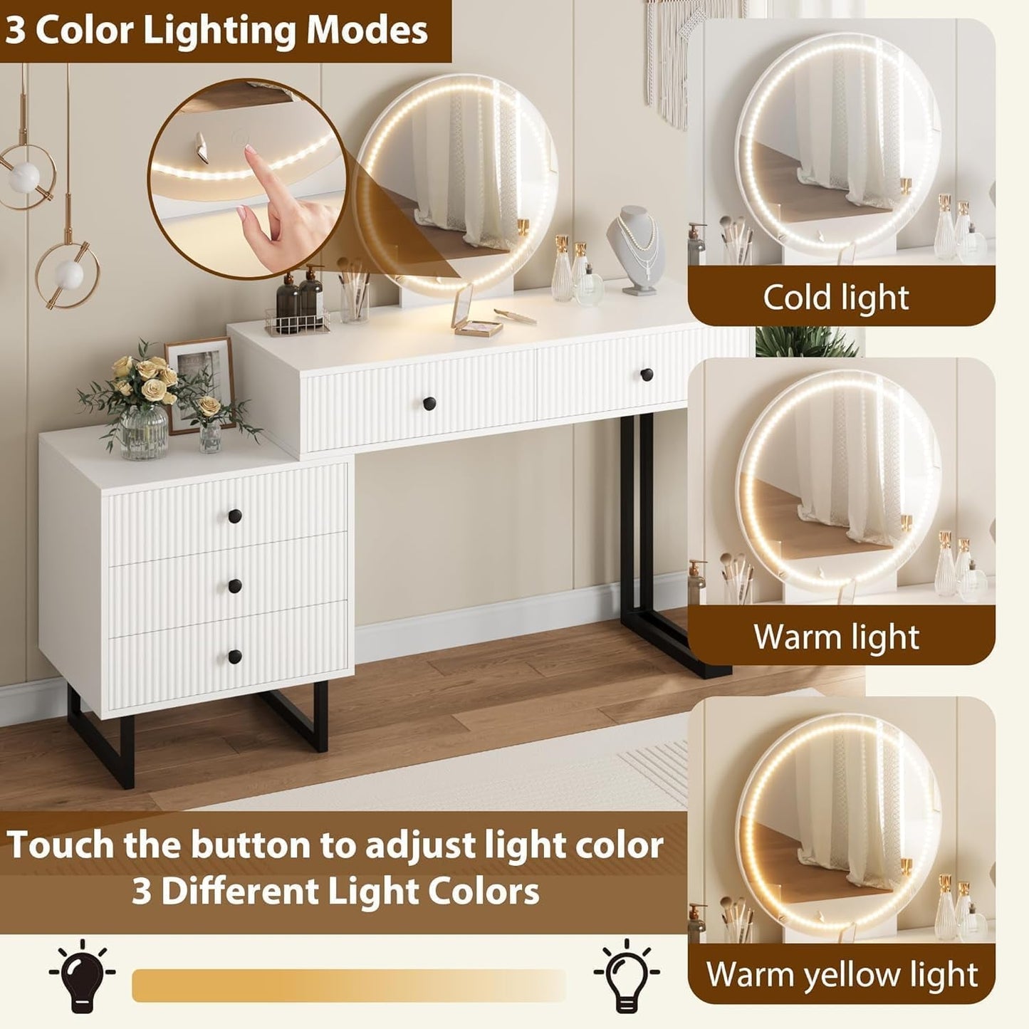 White Vanity Desk With Professionally Calibrated Lights