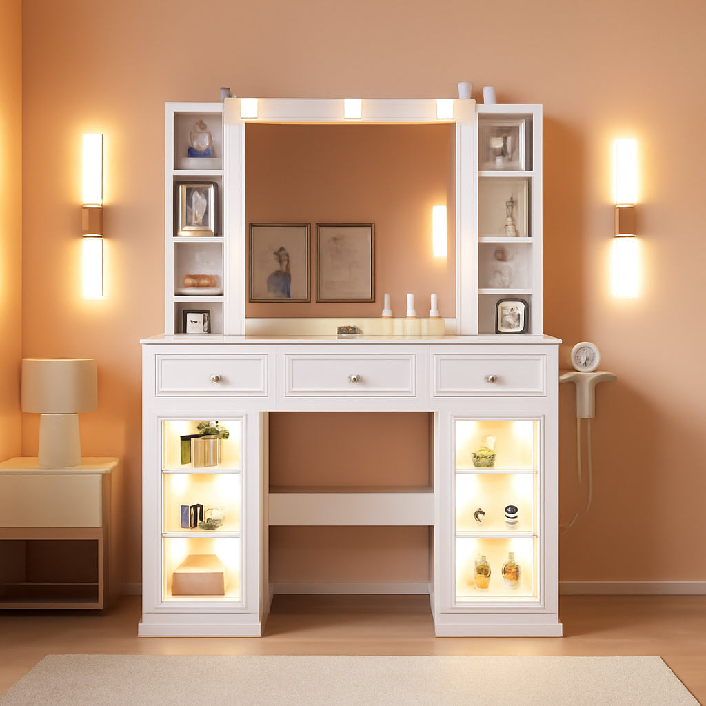White Glass Vanity Desk With Multi functional Lighting